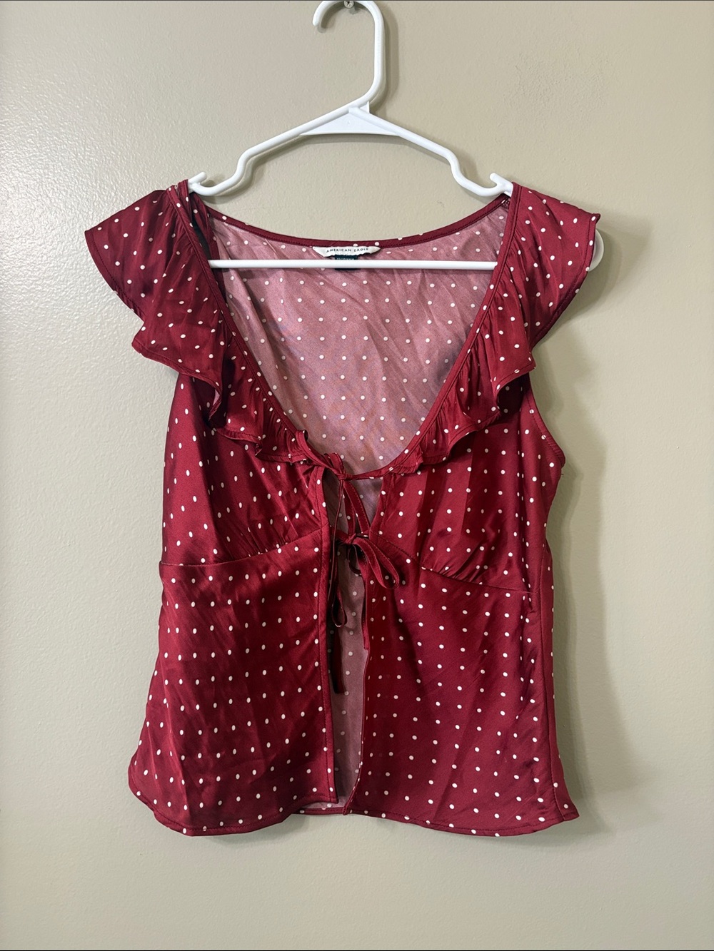 American Eagle Red Polka Dot Open Front Flyaway Tie Blouse